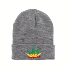 Leaf Embroidery Beanie Unisex Solid Knit Hat Warm Skull Cap