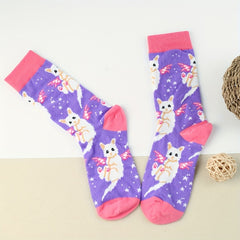 3 Pairs Cartoon Cat Print Socks Women's Stockings Mid Tube Comfy