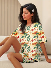 Strawberry Print Pajama Set Short Sleeve Top & Shorts Women's Sleepwear