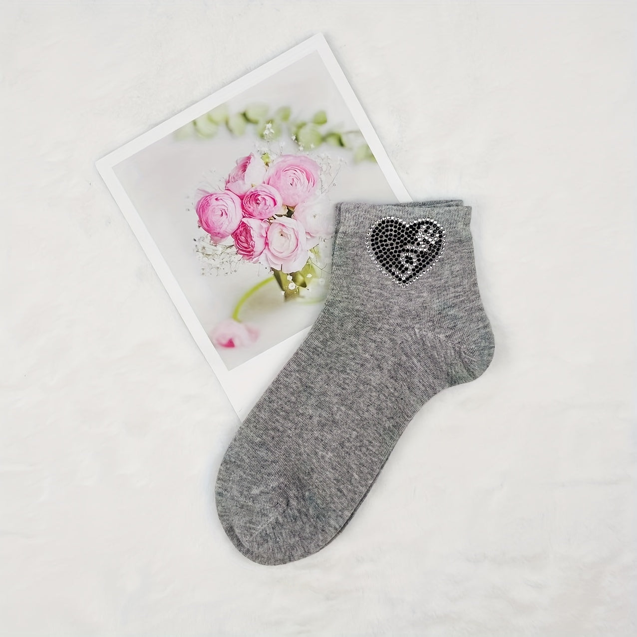 Heart Rhinestone Socks - Women's Crew Short Socks