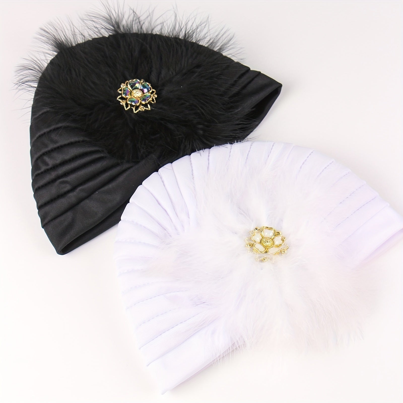 Faux Pearl Feather Turban Cap Bright Beanie Women Elastic Head Wrap