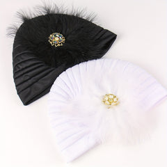 Faux Pearl Feather Turban Cap Bright Beanie Women Elastic Head Wrap