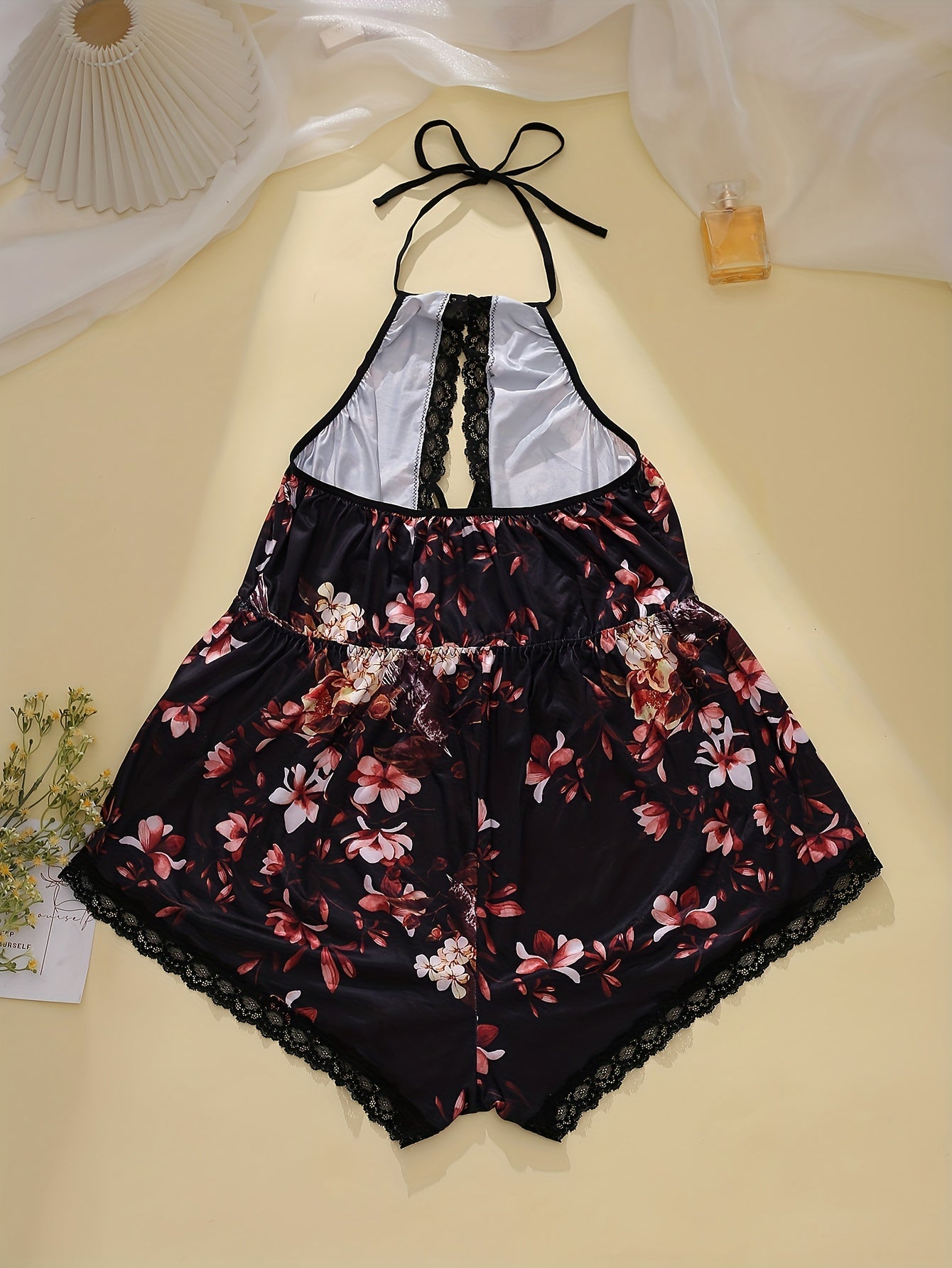  Floral Lace Trim Halter Bodysuit