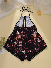  Floral Lace Trim Halter Bodysuit