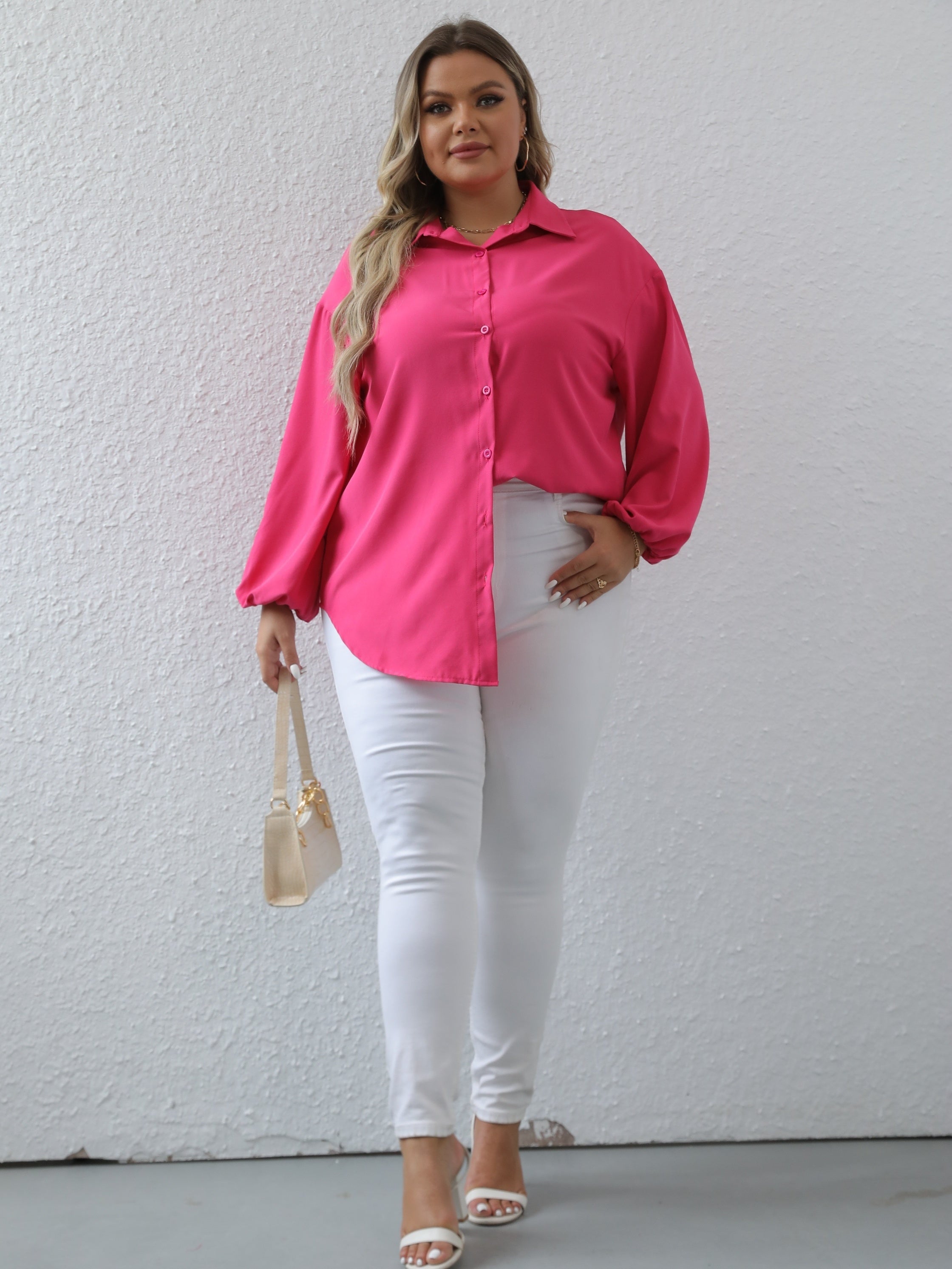  Solid Button Up Lantern Sleeve Blouse