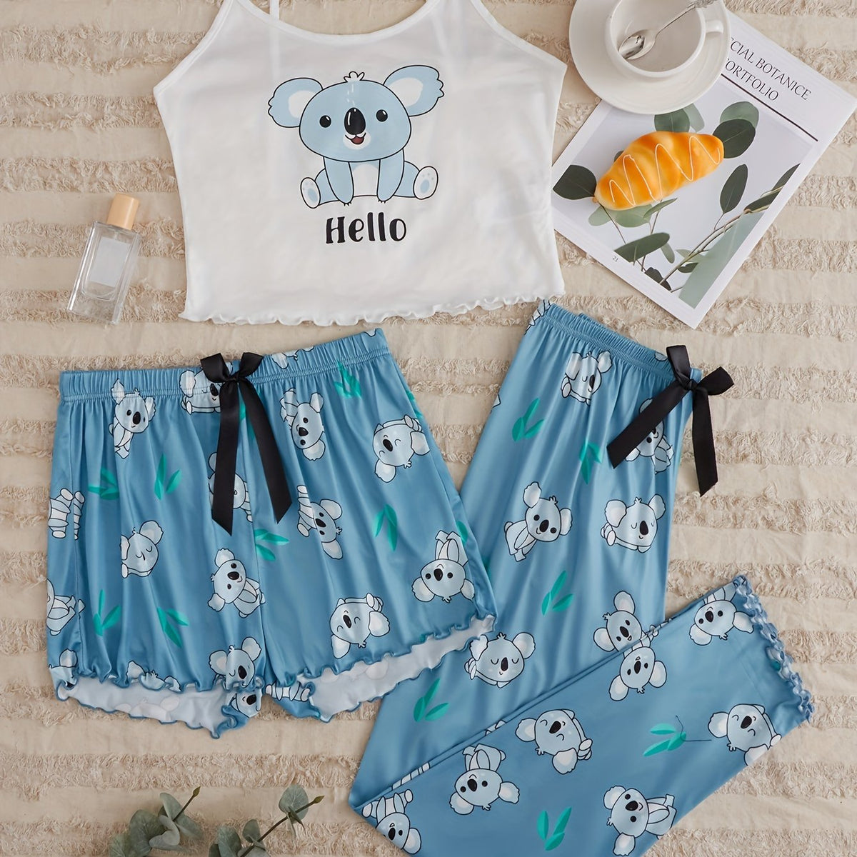Koala Print Pajama Set Crew Neck Cami Top & Shorts & Pants