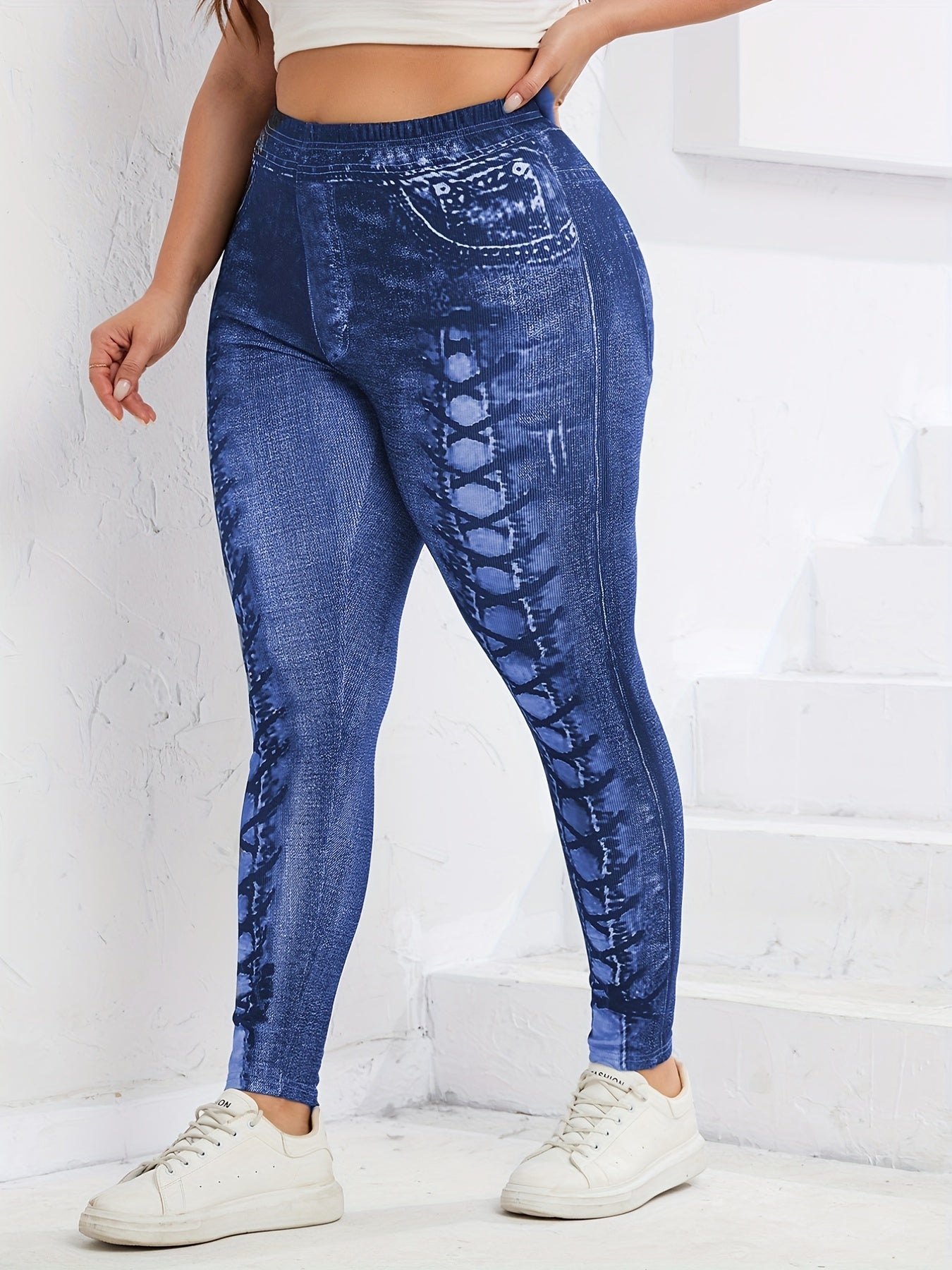  Denim Print Stretch Leggings High Waist Women's Casual Leggings