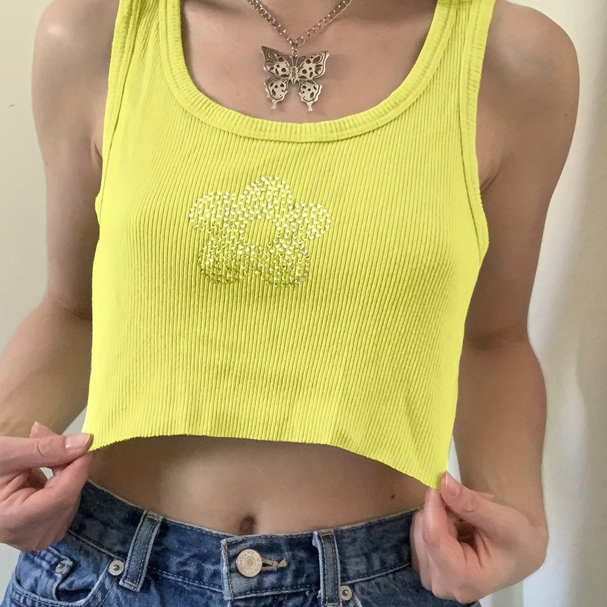 Rhinestone Tank Top Crew Neck Sleeveless Summer Women's Clothing