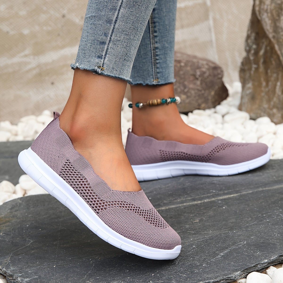 Women's Knitted Flat Loafers Slip On Shoes Lightweight Walking Shoes