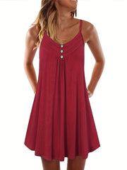  Solid Button Decor Ruched V Neck Midi Summer Dress