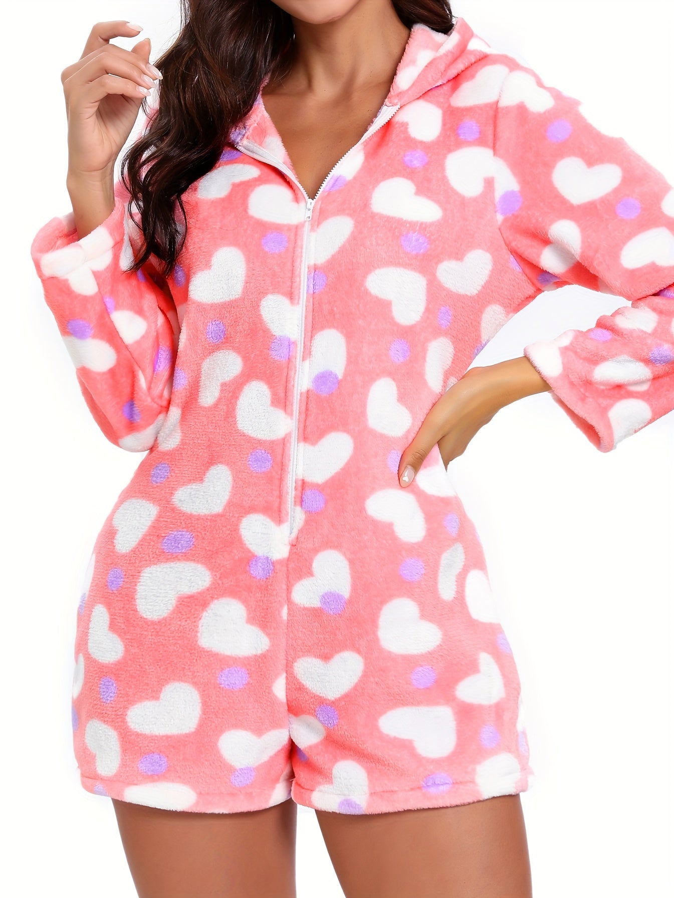 Heart Print Hooded Romper Women's Loungewear