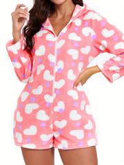 Heart Print Hooded Romper Women's Loungewear