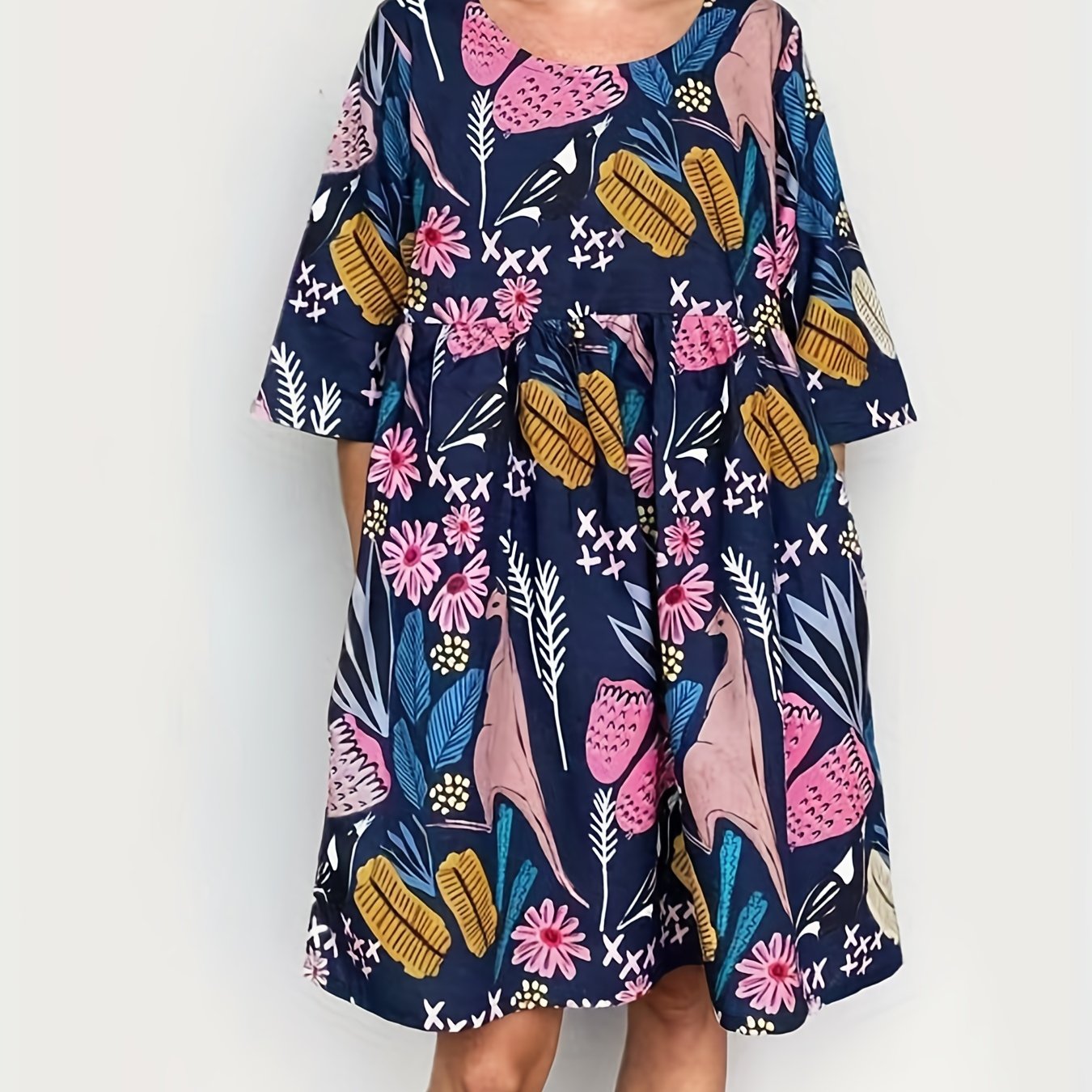  Floral Animal Print Round Neck Mini Dress