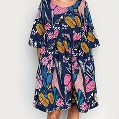  Floral Animal Print Round Neck Mini Dress