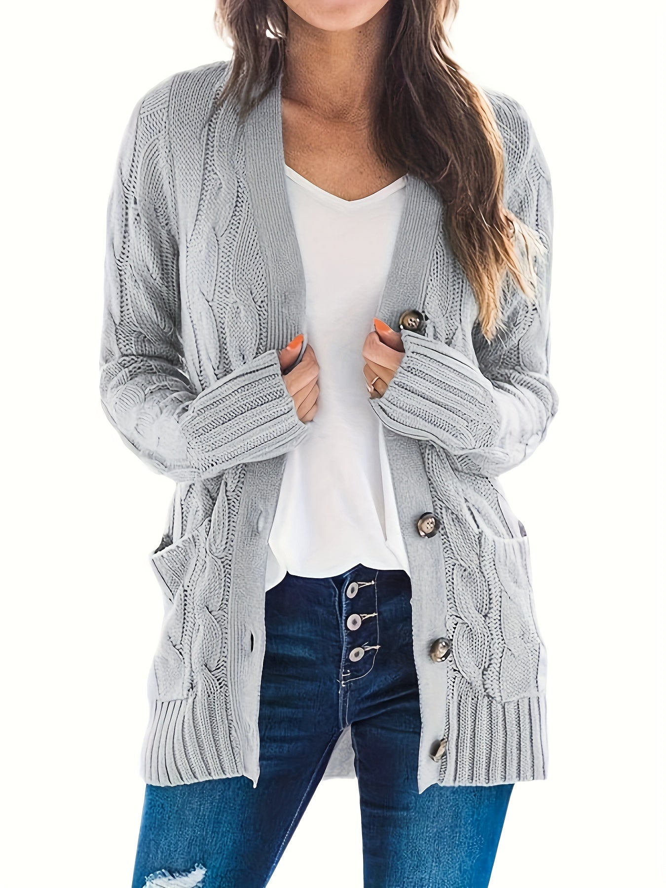 Women's Plus Solid Cable Button Up Cardigan With Pockets