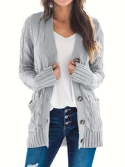Women's Plus Solid Cable Button Up Cardigan With Pockets