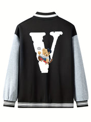 V Letter Print Teddy Bear Pattern Graphic Baseball Jacket Men's Clothes