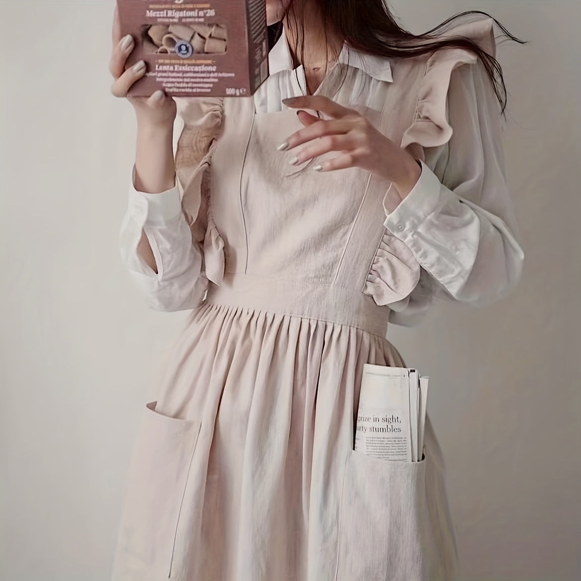 Ruffled Linen Apron X Back Apron with Pockets