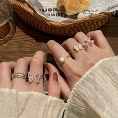 Butterfly Ring 14k Plated Faux Pearl Adjustable Cuff - Party Accessory