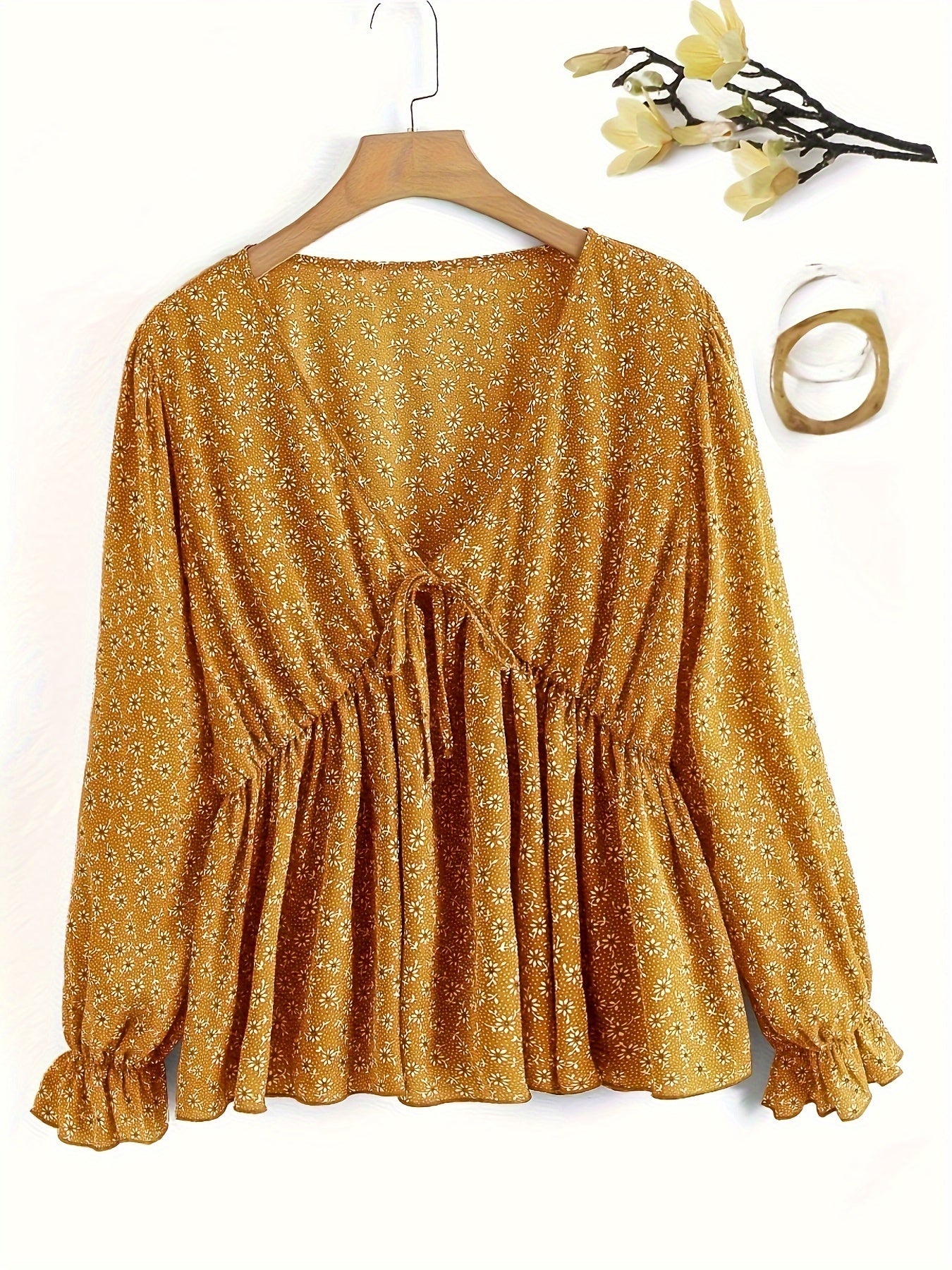  Boho Blouse Women Ditsy Floral Tie Front Flounce Sleeve Peplum Top