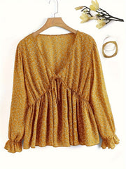  Boho Blouse Women Ditsy Floral Tie Front Flounce Sleeve Peplum Top