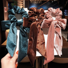 Velvet Long Tail Scarf Scrunchie Bow Knot Elastic Hair Tie Head Rope Hair Access