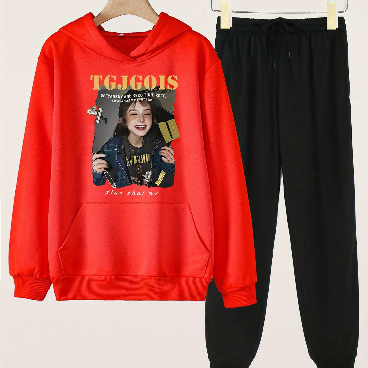 2pcs Girl's Photo Graphic Hoodies Set With Jogger Pants