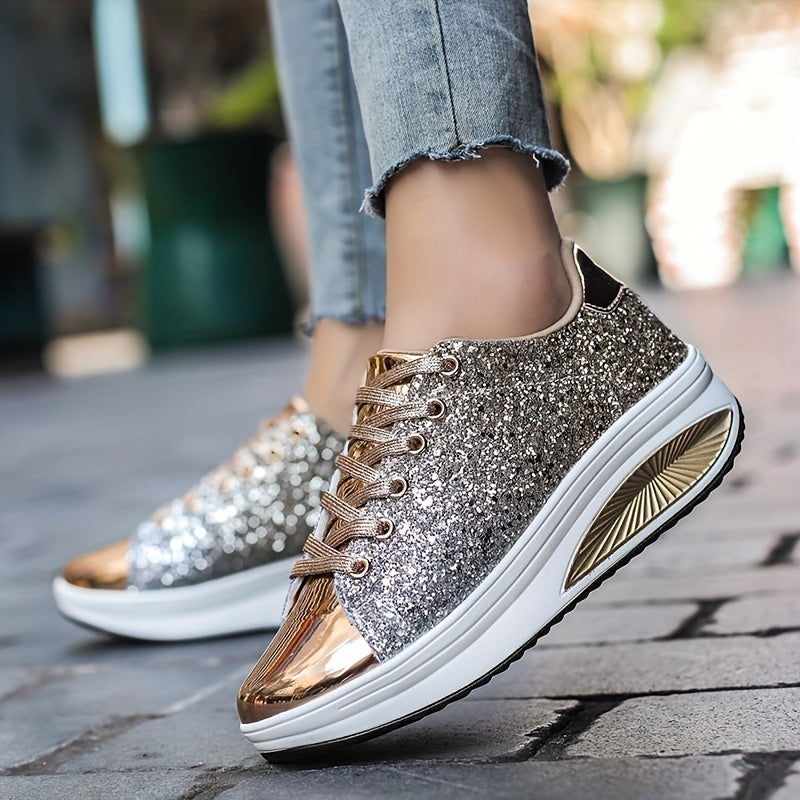 Women's Sequin Sparkly Wedge Lace Up Sneakers