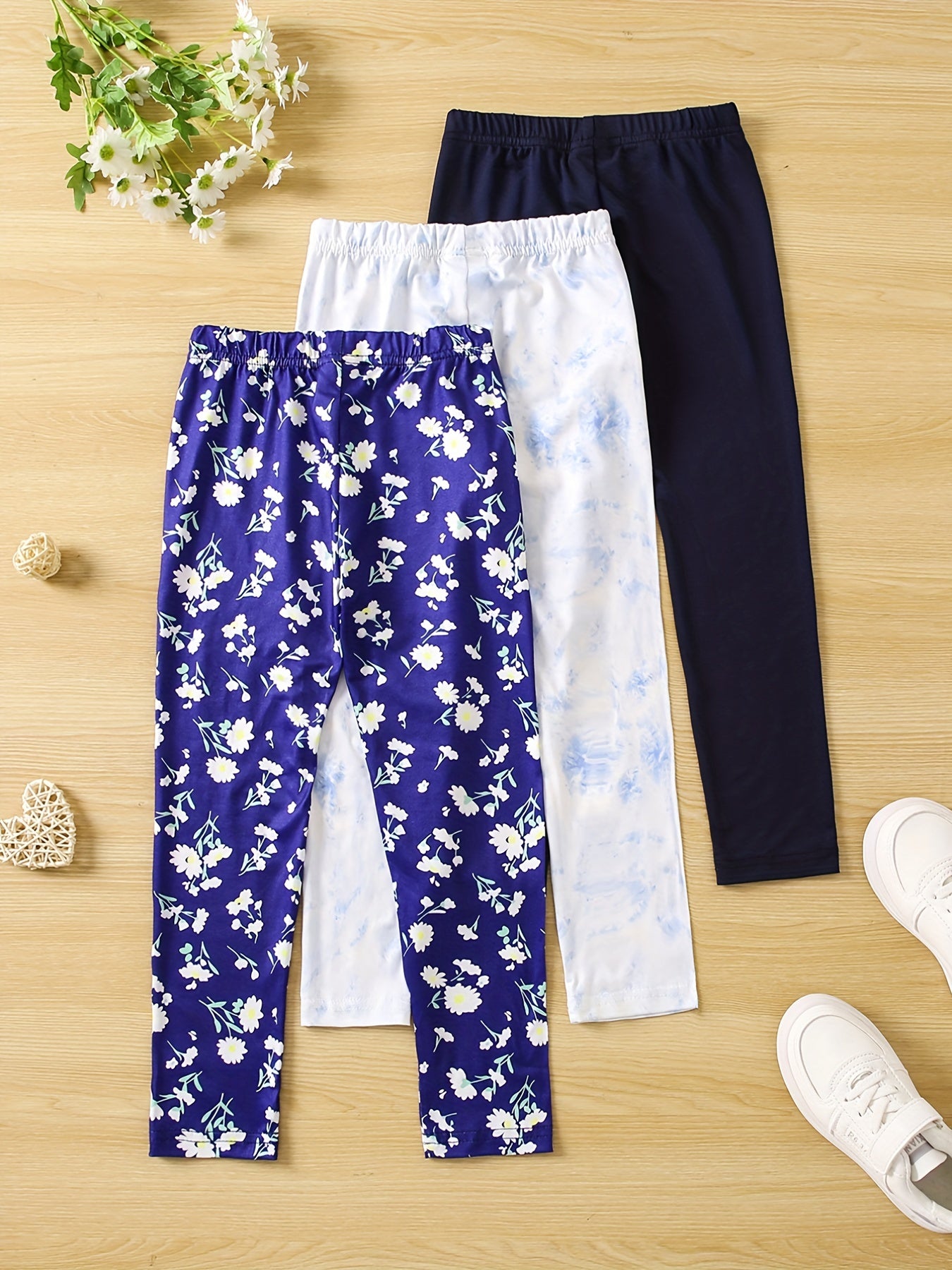 3pcs Girls' Slim Fit Legging Pants Plain Floral Tie Dye Print