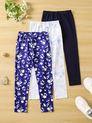 3pcs Girls' Slim Fit Legging Pants Plain Floral Tie Dye Print