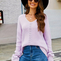  Casual Hollow Out V Neck Sweater Long Sleeve Jumper