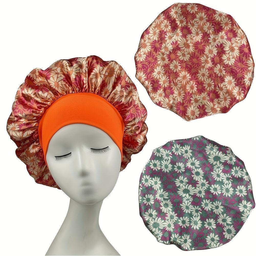 Milk Silk Wide Brim Bonnet Daisy Printed Satin Ladies Hair Cap