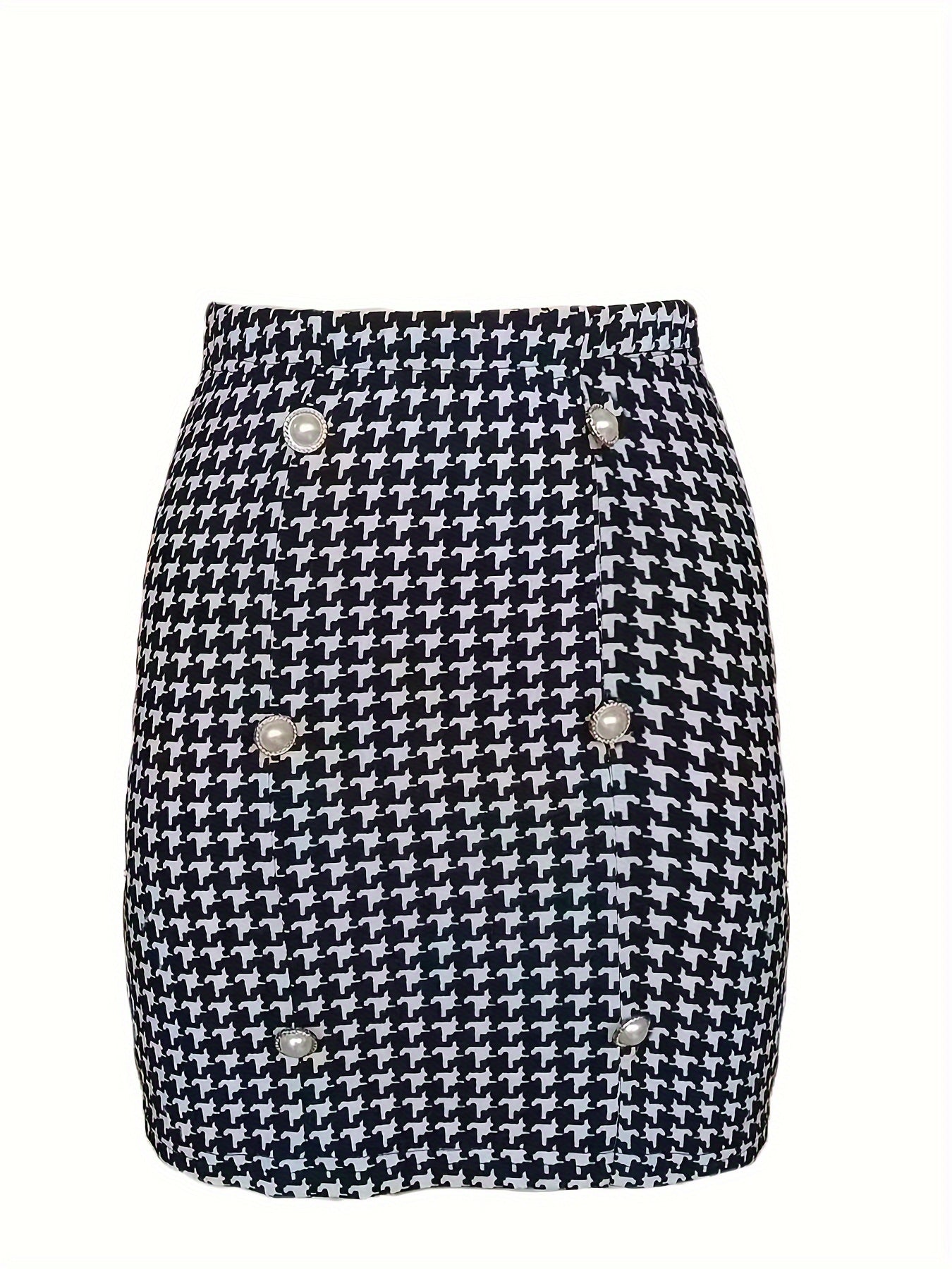  Houndstooth Print Button Decor Bodycon Mini Skirt