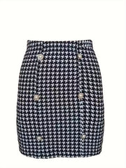  Houndstooth Print Button Decor Bodycon Mini Skirt