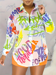  Letter Print Button Up Long Sleeve Blouse