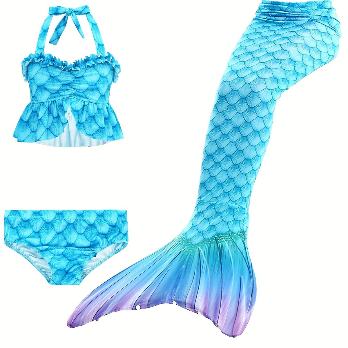 Girls Mermaid Swimsuit 3pcs Halter Bikini Set & Mermaid Tail