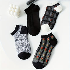 4 Pairs Floral Print Socks Retro Court Style Ankle Socks Women's Stockings
