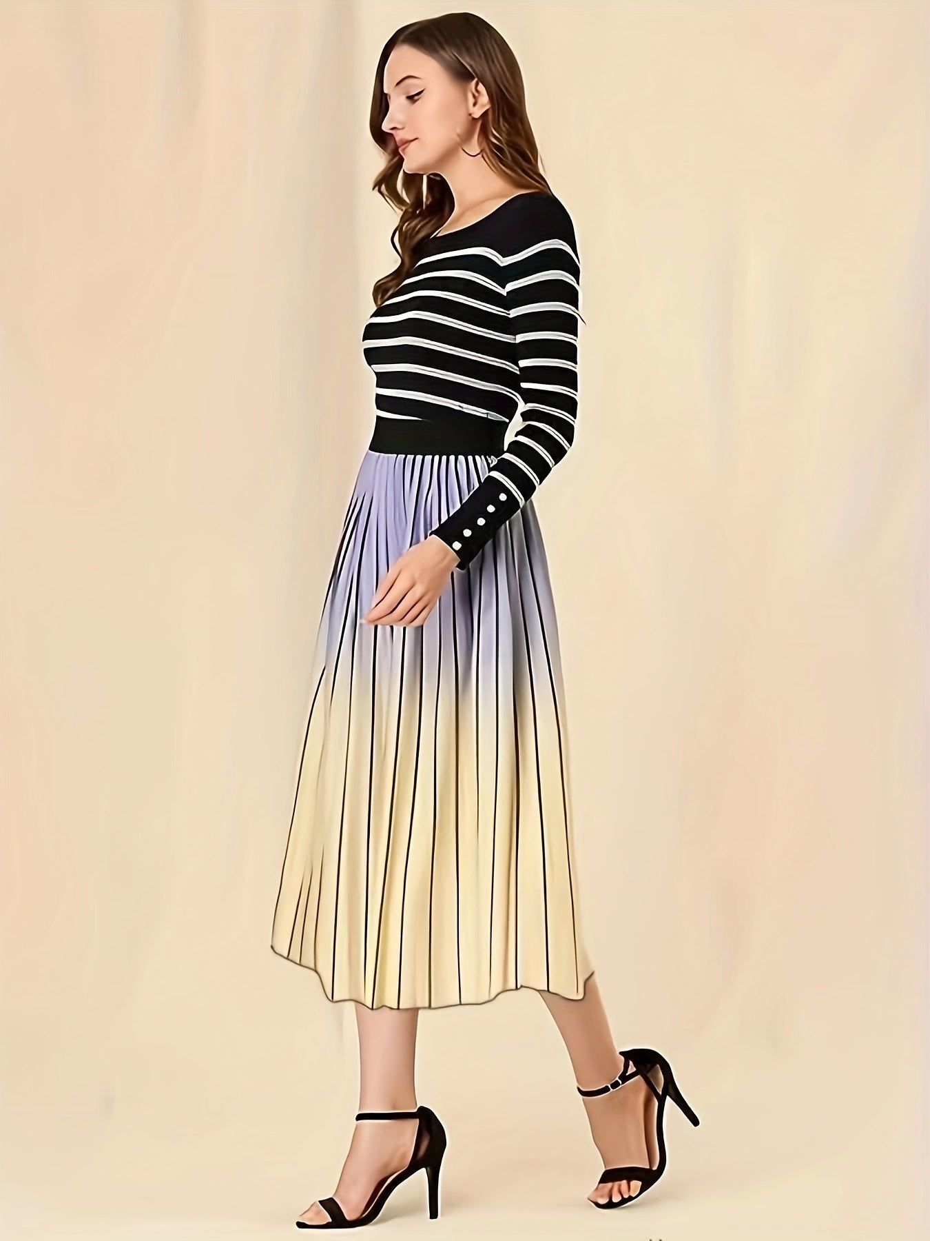  Ombre Print Elastic Waisted Pleated A line Skirt
