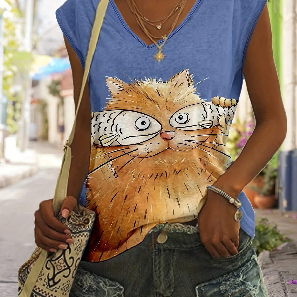  Cartoon Cat & Fish Print Round Neck Tank Top
