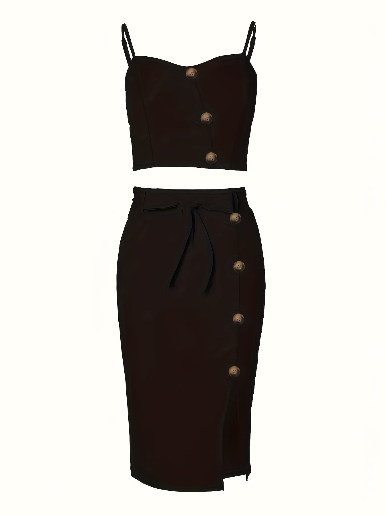 Solid Button Front Two piece Set Sleeveless Top & Split Skirts Outfits