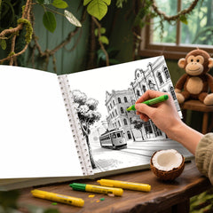 European Streets Coloring Book for Adults - Tram Scenes