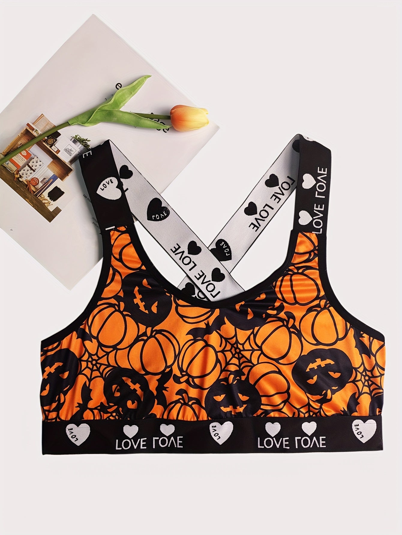  Gothic Bra Women's Pumpkin Print Crisscross Back Bra