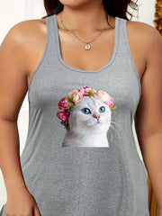  Casual Nightdress Women's Plus Floral Cat Print Tank Sleep Dress