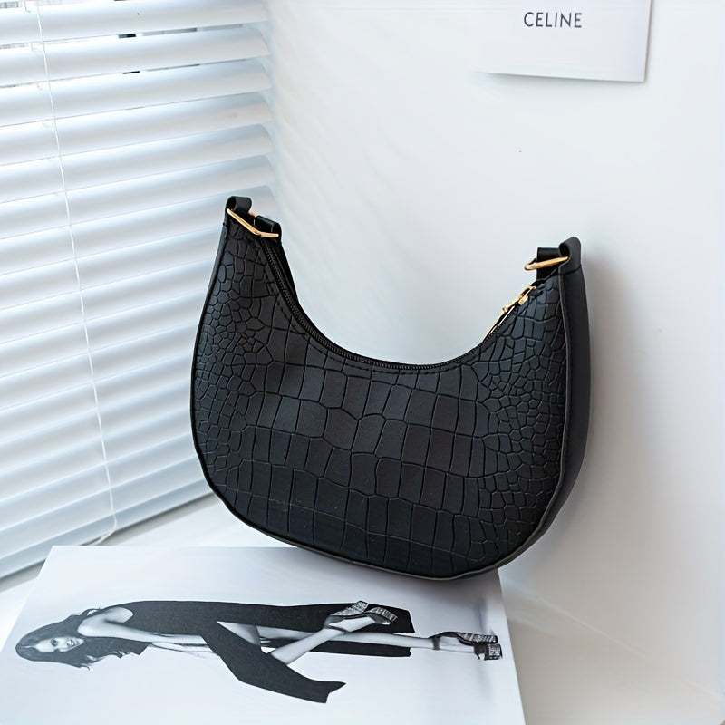 Crocodile Pattern Crescent Handbag Vegan Leather Hobo Purse