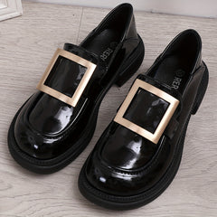 Metallic Buckle Chunky Heel Loafers Faux Leather Comfortable Walking Shoes