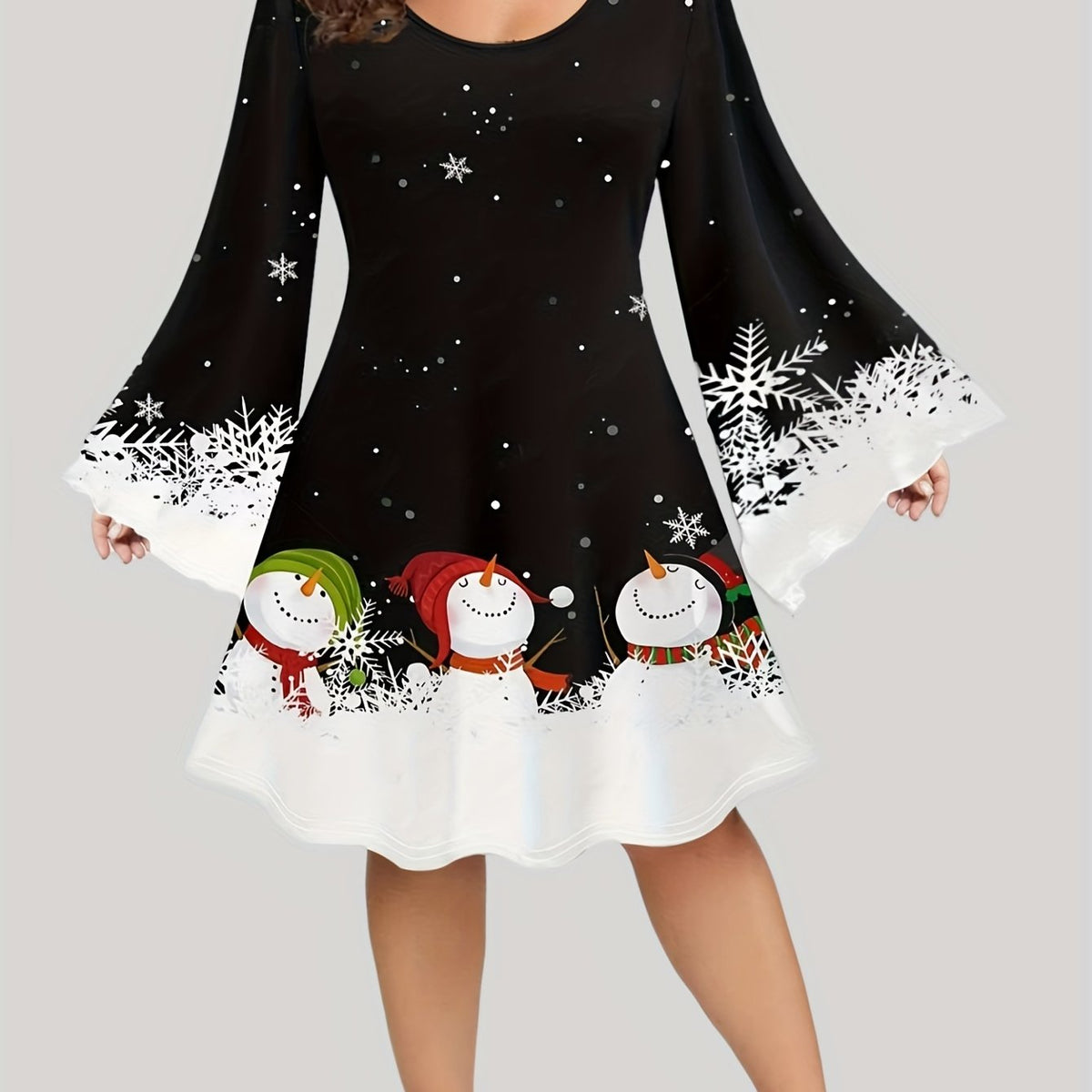 Plus Snowman Print Bell Sleeve Round Neck Dress