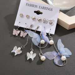6 Pairs Butterfly Pearl Earrings Set