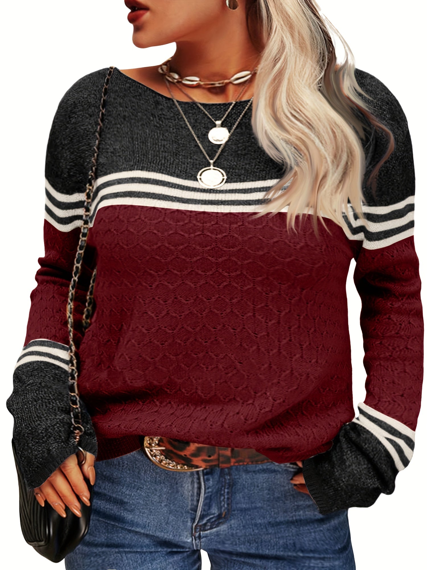  Colorblock Stripe Print Jacquard Sweater