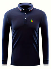 Men's A Print Polo Shirt Button Up Lapel Long