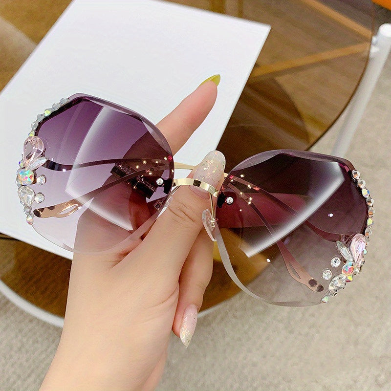 Ombre Lens Sunglasses Rhinestone Decor Oversized Rimless Eyewear UV400
